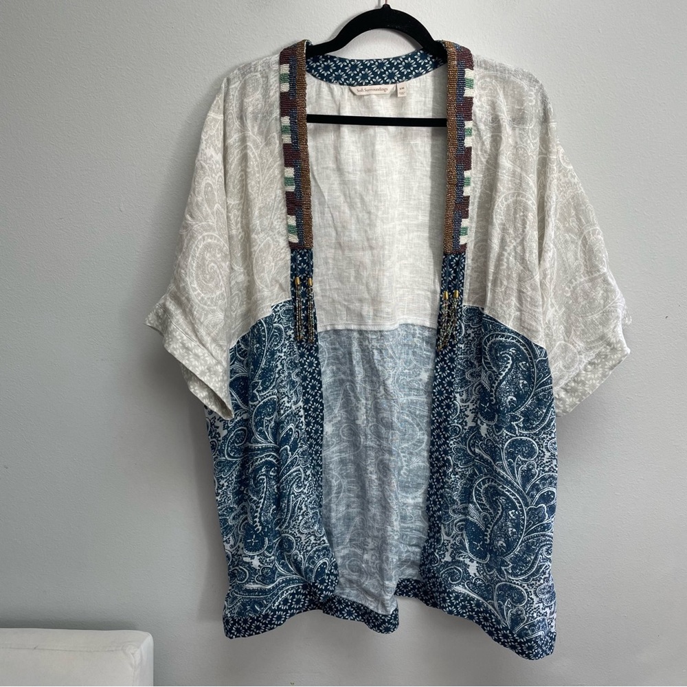 Soft Surroundings Linen Kimono Beaded Still Waters Boho Womens Small/Medium